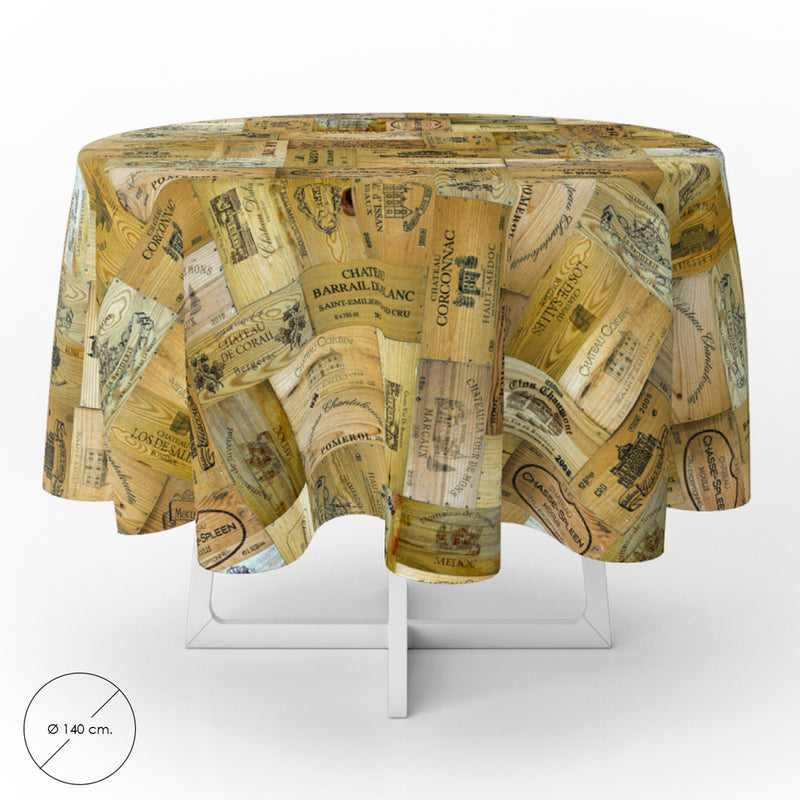 Mantel hule redondo tablones vino impermeable antimanchas PVC ø 140 cm. uso interior y exterior