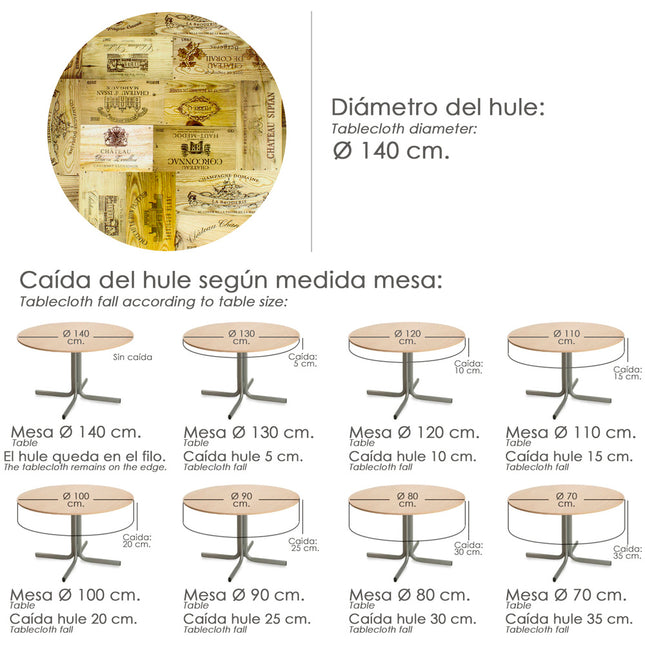 Mantel hule redondo tablones vino impermeable antimanchas PVC ø 140 cm. uso interior y exterior