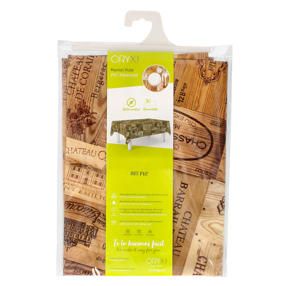 Rectangular oilcloth tablecloth, planks, wine, waterproof, stain-resistant PVC, 140x250 cm, trimmable, indoor and outdoor use