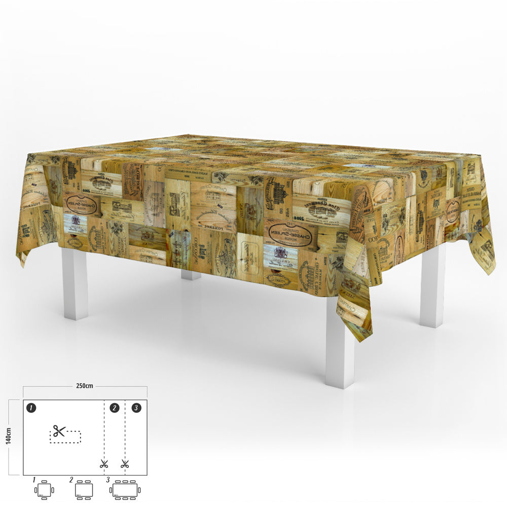 Rectangular oilcloth tablecloth, planks, wine, waterproof, stain-resistant PVC, 140x250 cm, trimmable, indoor and outdoor use