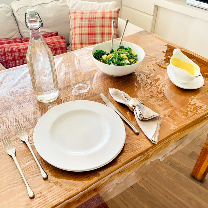 Mantel hule rectangular transparente. impermeable antimanchas PVC 140 cm. x 20 metros. rollo recortable. interior y exterior