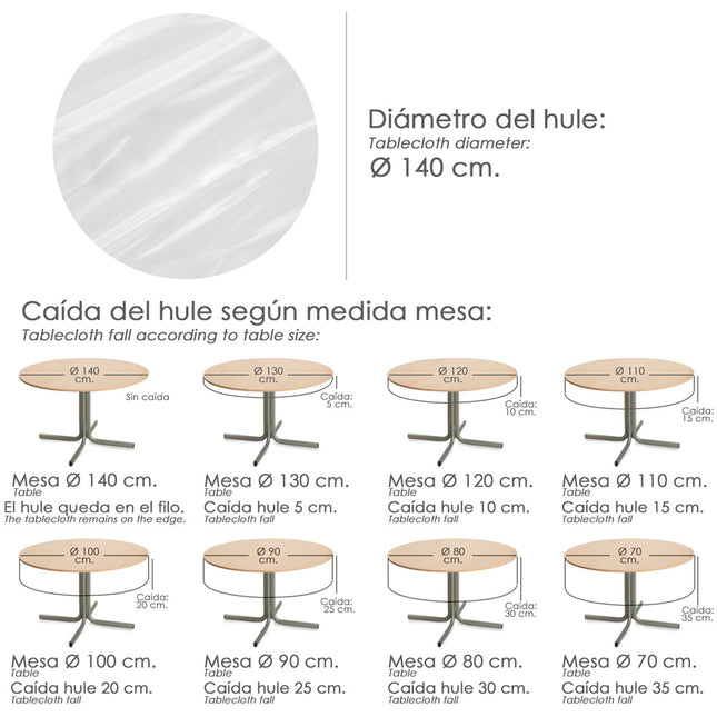 Mantel hule redondo transparente impermeable antimanchas PVC ø 140 cm. uso interior y exterior
