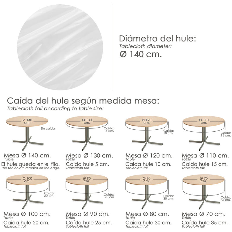 Mantel hule redondo transparente impermeable antimanchas PVC ø 140 cm. uso interior y exterior