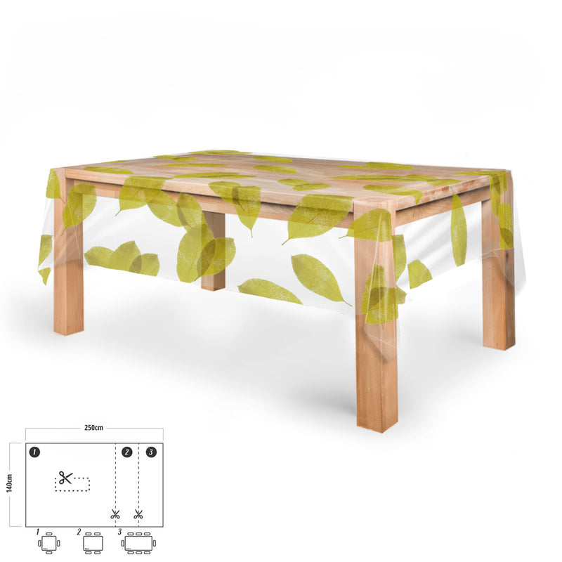 Mantel hule rectangular hojas transparente impermeable antimanchas PVC 140x250 cm.  recortable uso interior y exterior