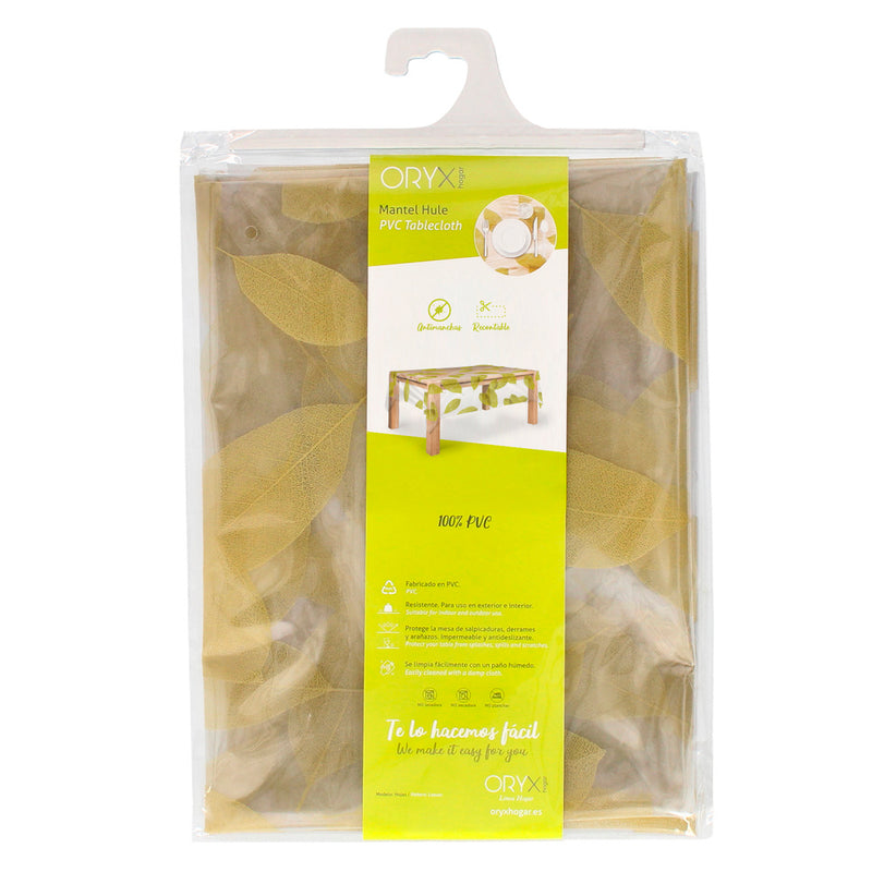 Mantel hule rectangular hojas transparente impermeable antimanchas PVC 140x250 cm.  recortable uso interior y exterior