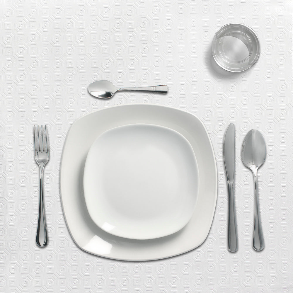Round white PVC tablecloth, waterproof, stain-resistant, with flannel backing, 140 cm diameter, for indoor and outdoor use.