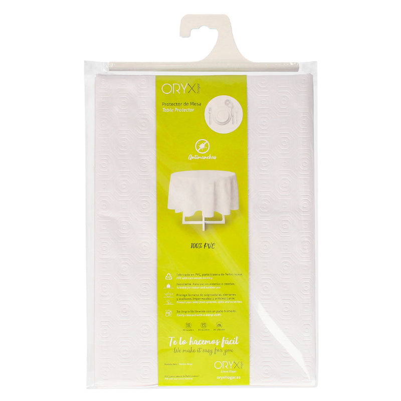 Mantel hule muleton redondo blanco impermeable antimanchas PVC ø 140 cm. uso interior y exterior