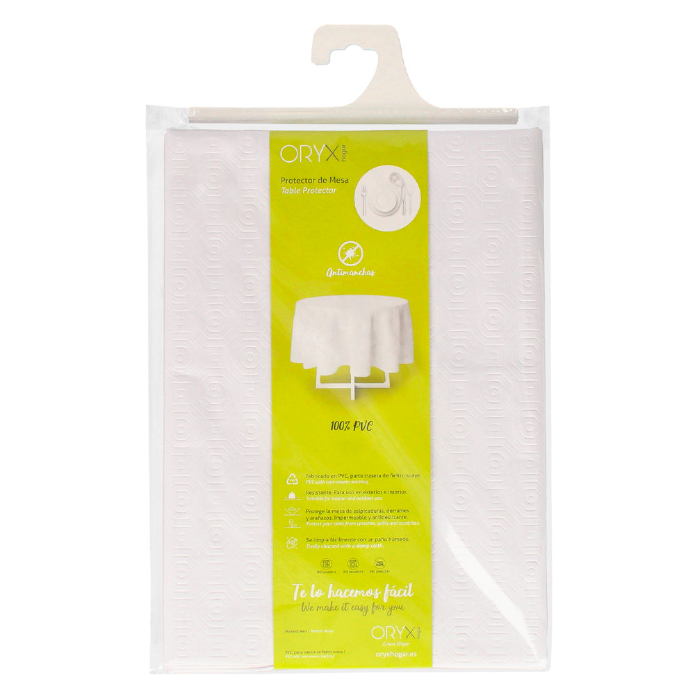 Round white PVC tablecloth, waterproof, stain-resistant, with flannel backing, 140 cm diameter, for indoor and outdoor use.