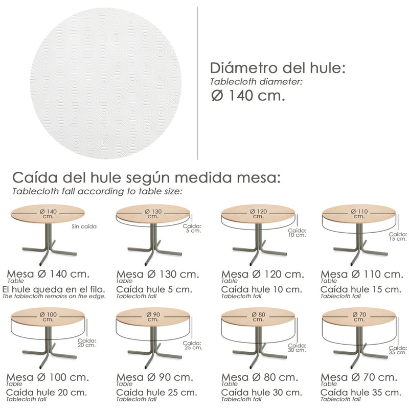 Mantel hule muleton redondo blanco impermeable antimanchas PVC ø 140 cm. uso interior y exterior