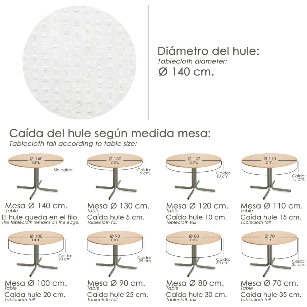 Round white PVC tablecloth, waterproof, stain-resistant, with flannel backing, 140 cm diameter, for indoor and outdoor use.