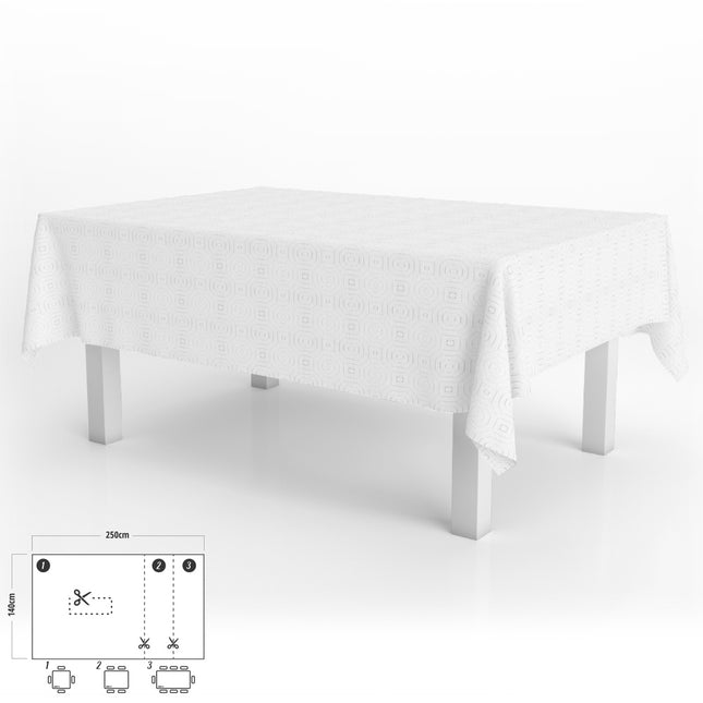 Mantel hule muleton rectangular blanco impermeable antimanchas PVC 140x250 cm.  recortable uso interior y exterior