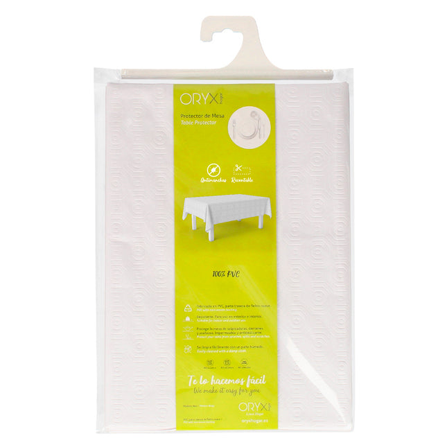 Mantel hule muleton rectangular blanco impermeable antimanchas PVC 140x250 cm.  recortable uso interior y exterior