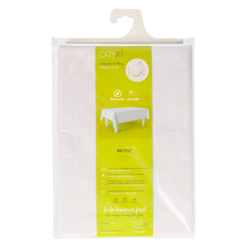 Mantel hule muleton rectangular blanco impermeable antimanchas PVC 140x250 cm.  recortable uso interior y exterior