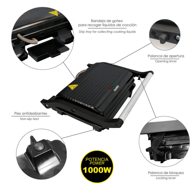Sandwichera grill doble 1000w parilla eléctrica, panini press grill, 1000w, placa antiadherente, apertura 180º