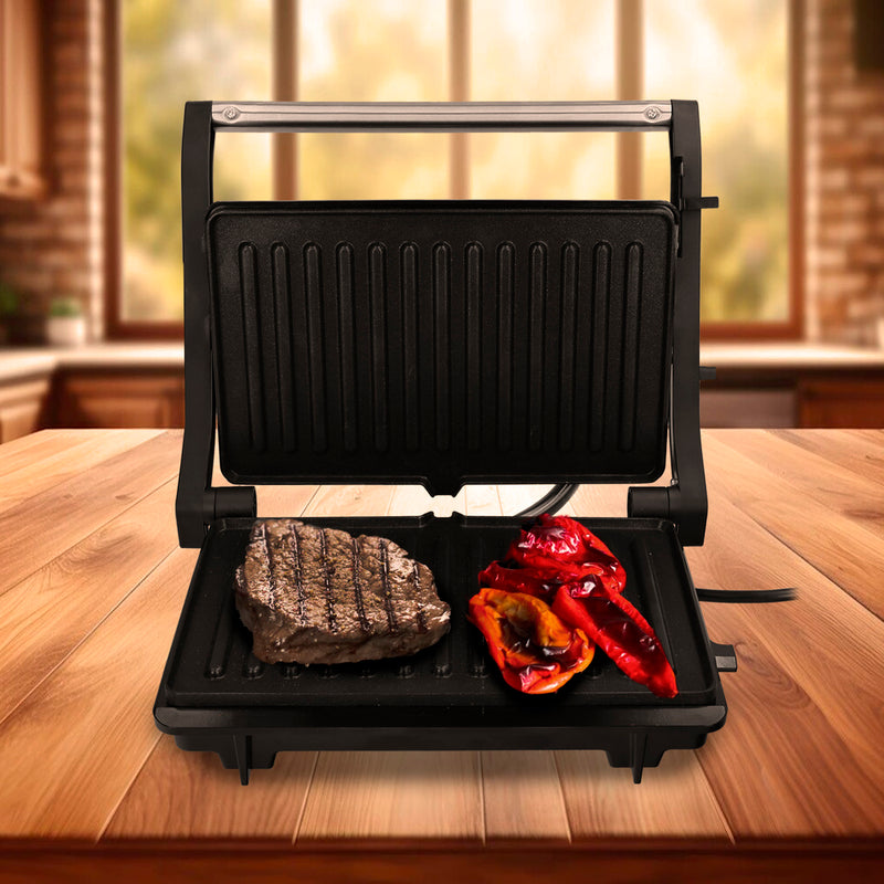 Sandwichera grill doble 1000w parilla eléctrica, panini press grill, 1000w, placa antiadherente, apertura 180º