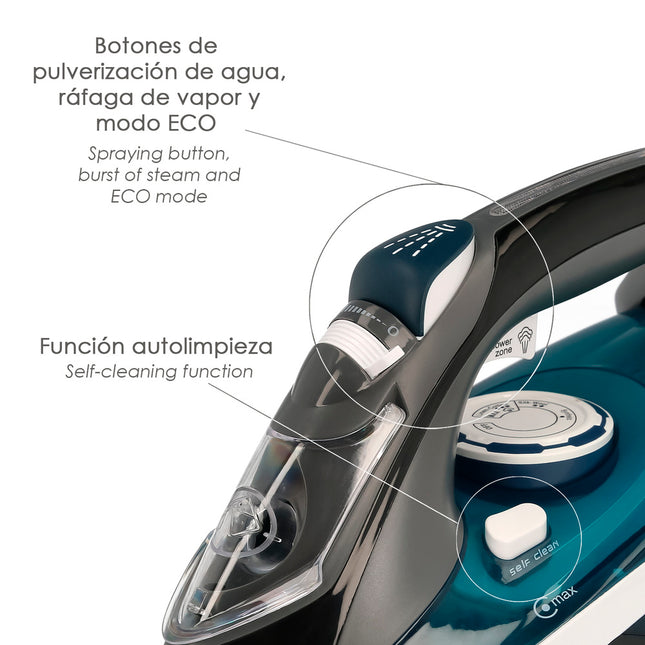 Plancha de vapor profesional 2.800 watt. vapor constante y golpe de vapor, suela cerámica, vapor vertical, sistema antical,