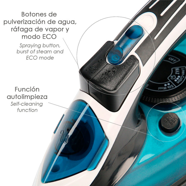 Plancha de vapor profesional 2.400 watt. vapor constante y golpe de vapor, suela cerámica, vapor vertical, sistema antical,