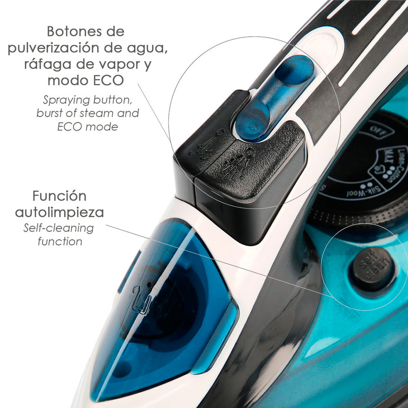 Plancha de vapor profesional 2.400 watt. vapor constante y golpe de vapor, suela cerámica, vapor vertical, sistema antical,