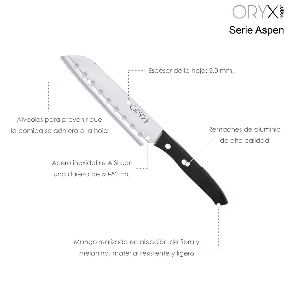 Cuchillo aspen santoku hoja acero inoxidable 17 cm negro