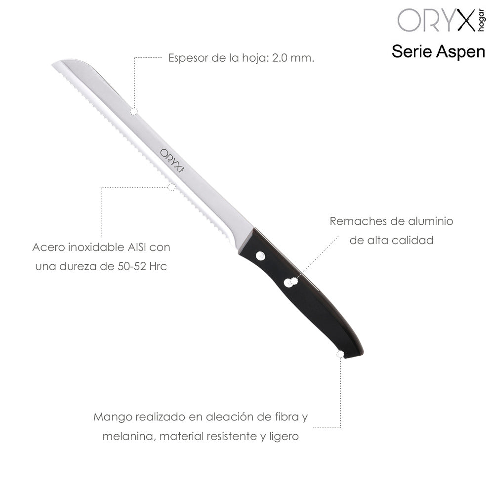 Cuchillo aspen panero hoja acero inoxidable 19 cm negro