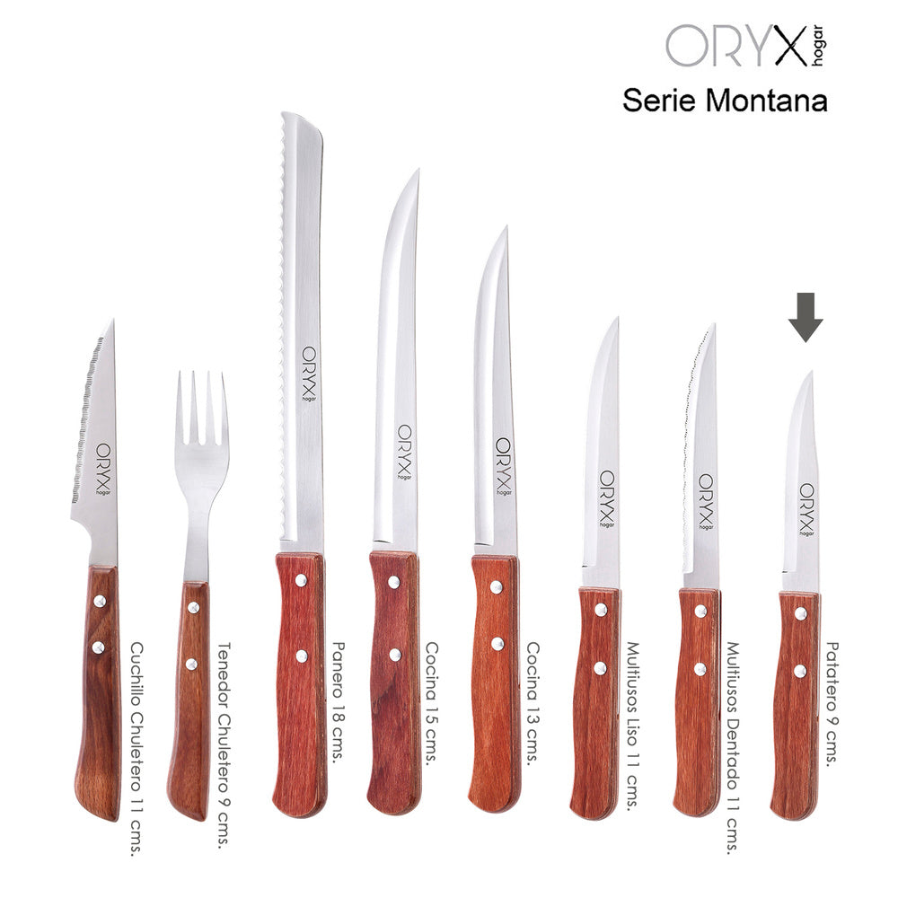 Cuchillo montana patatero hoja acero inoxidable 9 cm mango madera (blíster 3 piezas)