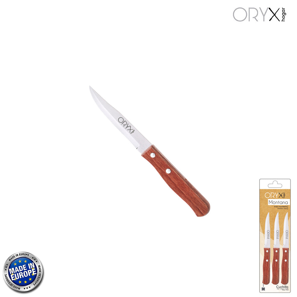 Cuchillo montana patatero hoja acero inoxidable 9 cm mango madera (blíster 3 piezas)