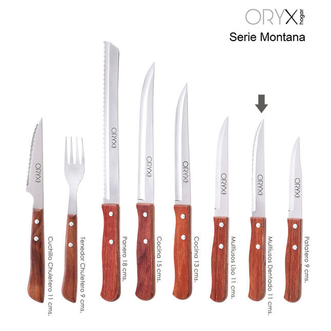 Cuchillo montana multiusos hoja lisa acero inoxidable 11 cm. mango madera (blister 3 piezas)