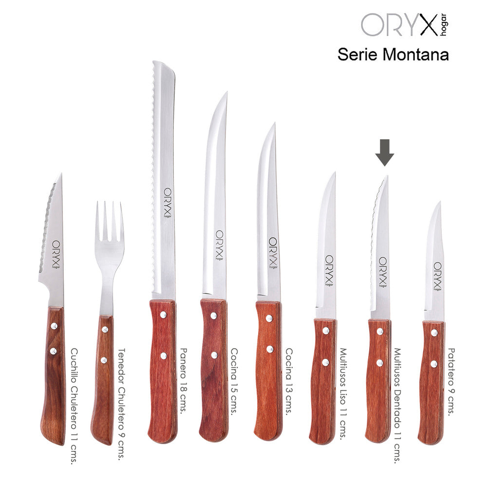Cuchillo montana multiusos hoja lisa acero inoxidable 11 cm mango madera (blíster 3 piezas)