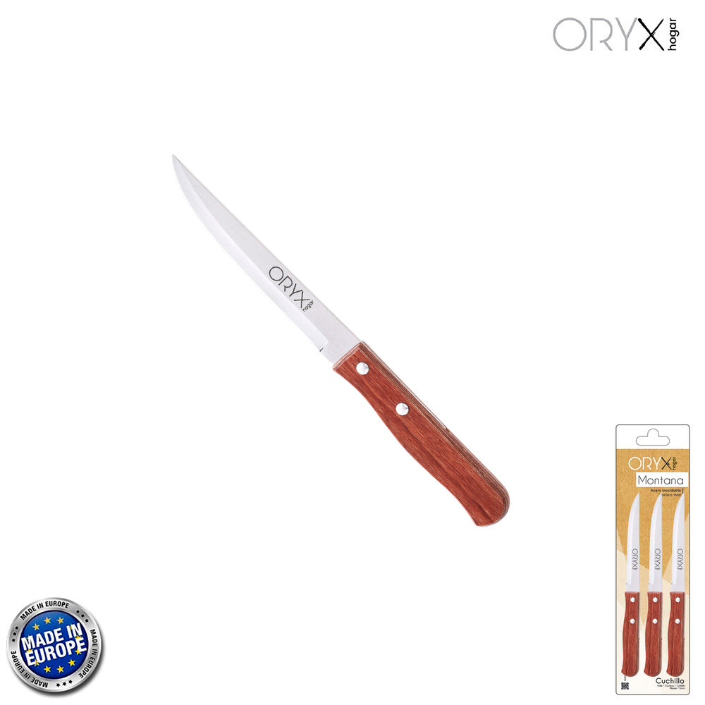 Cuchillo montana multiusos hoja lisa acero inoxidable 11 cm mango madera (blíster 3 piezas)