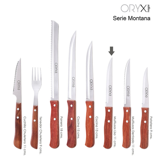 Cuchillo montana multiusos hoja sierra acero inoxidable 11 cm. mango madera (blister 3 piezas)