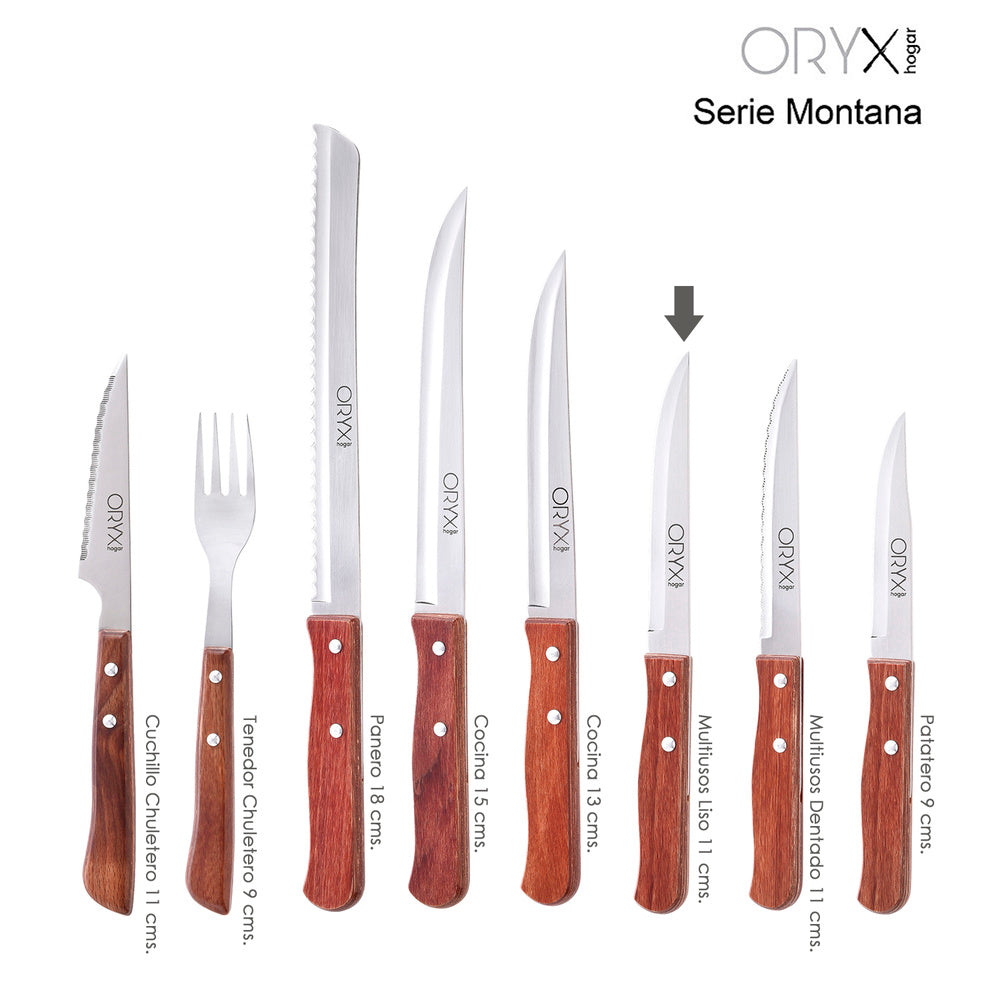 Cuchillo montana multiusos hoja sierra acero inoxidable 11 cm mango madera (blíster 3 piezas)