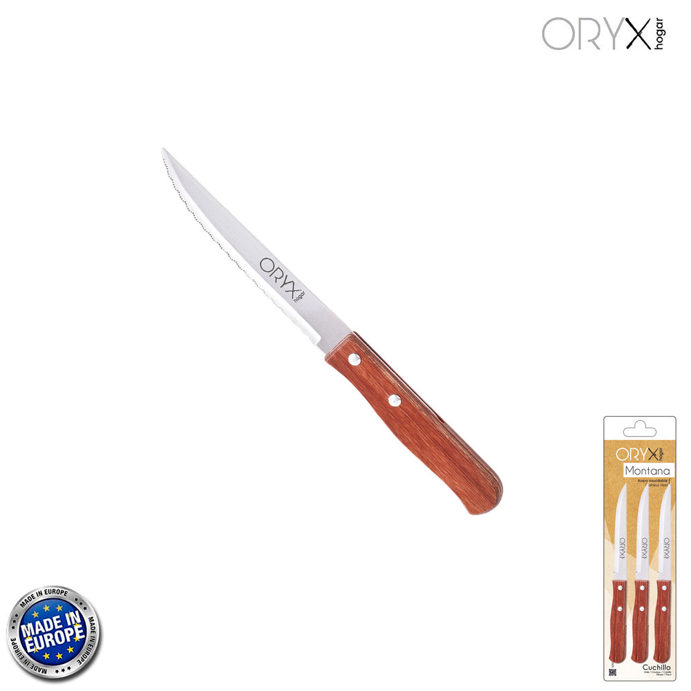 Cuchillo montana multiusos hoja sierra acero inoxidable 11 cm mango madera (blíster 3 piezas)