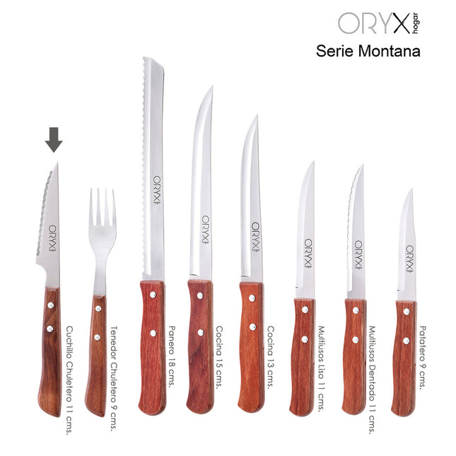 Cuchillo montana chuletero hoja acero inoxidable 9 cm. mango madera (blister 3 piezas)