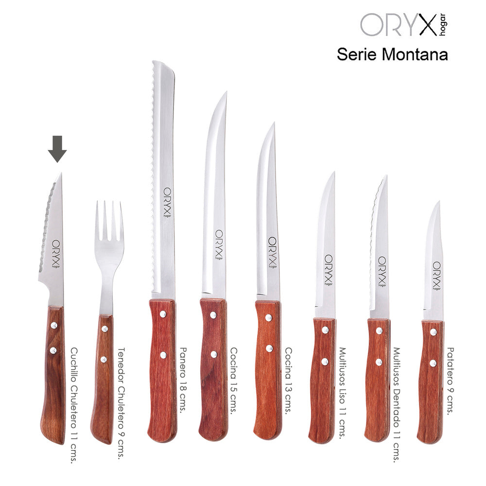 Cuchillo montana chuletero hoja acero inoxidable 9 cm mango madera (blíster 3 piezas)