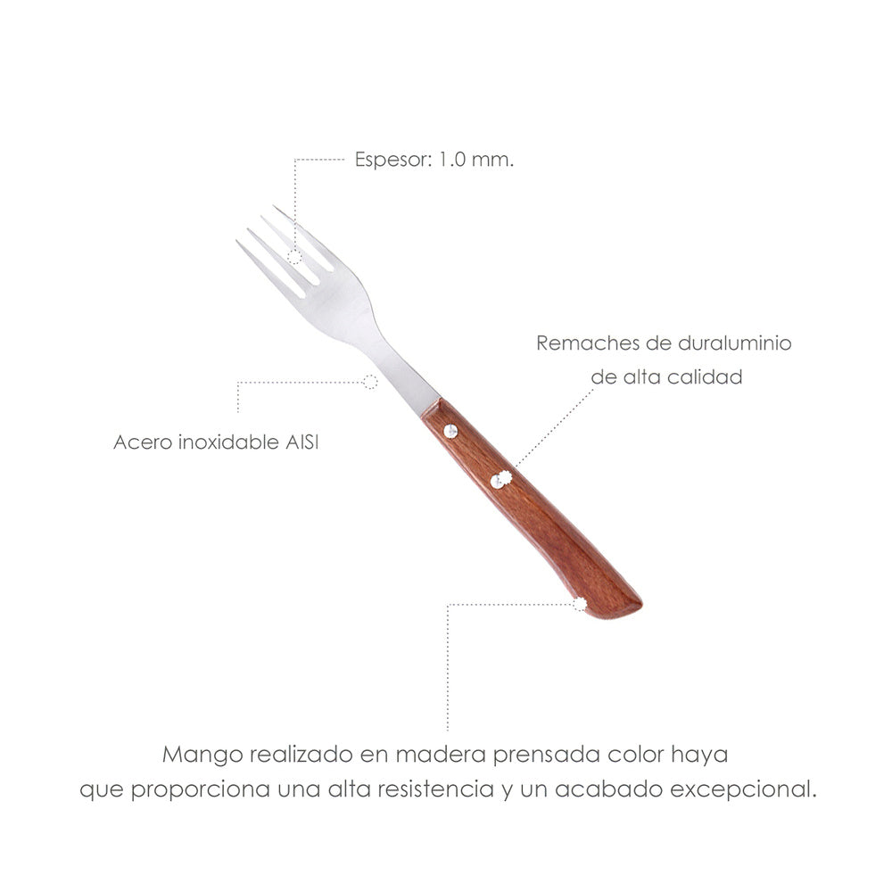Tenedor montana chuletero acero inoxidable 9 cm mango madera (blíster 3 piezas)