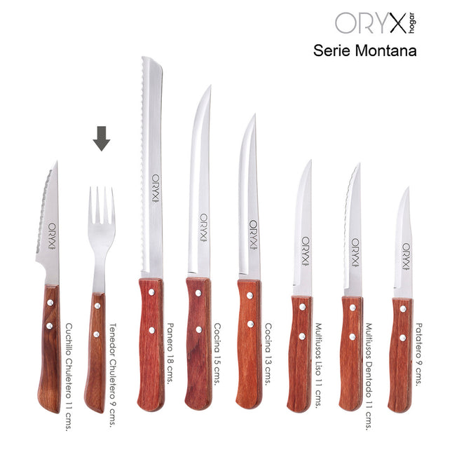 Tenedor montana chuletero acero inoxidable 9 cm. mango madera (blister 3 piezas)