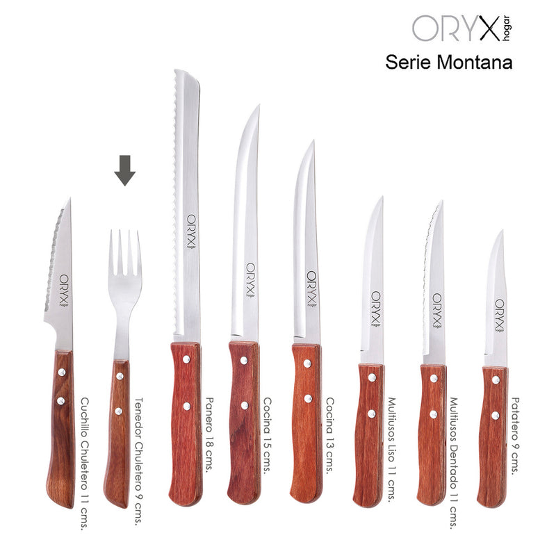 Tenedor montana chuletero acero inoxidable 9 cm. mango madera (blister 3 piezas)