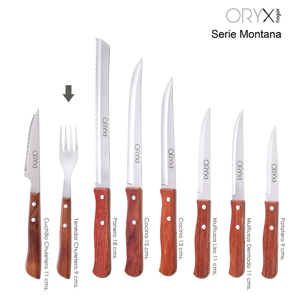 Tenedor montana chuletero acero inoxidable 9 cm mango madera (blíster 3 piezas)