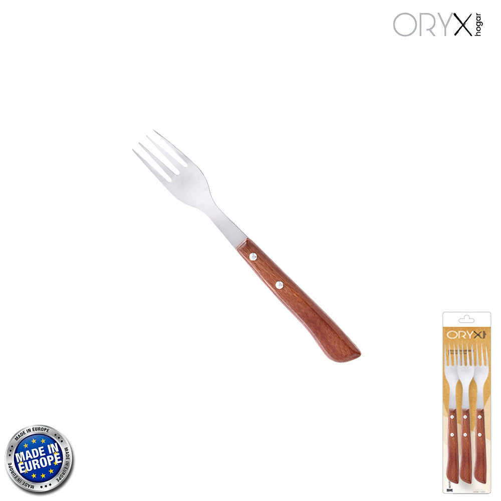 Tenedor montana chuletero acero inoxidable 9 cm mango madera (blíster 3 piezas)