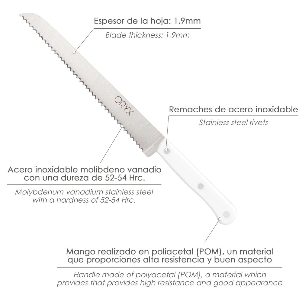 Cuchillo husky panero 21 cm hoja acero inoxidable, cuchillo pan , cuchillo cortar pan mango ergonómico blanco