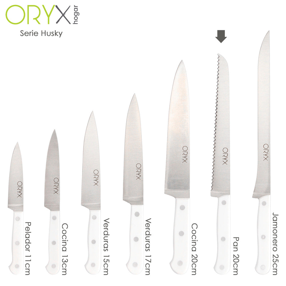 Cuchillo husky panero 21 cm hoja acero inoxidable, cuchillo pan , cuchillo cortar pan mango ergonómico blanco
