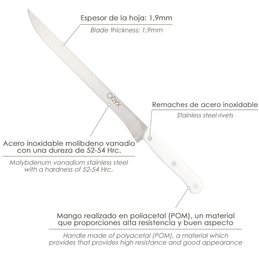 Cuchillo husky jamonero 25 cm hoja acero inoxidable, cuchillo jamón, cuchillo cortar jamón mango ergonómico blanco