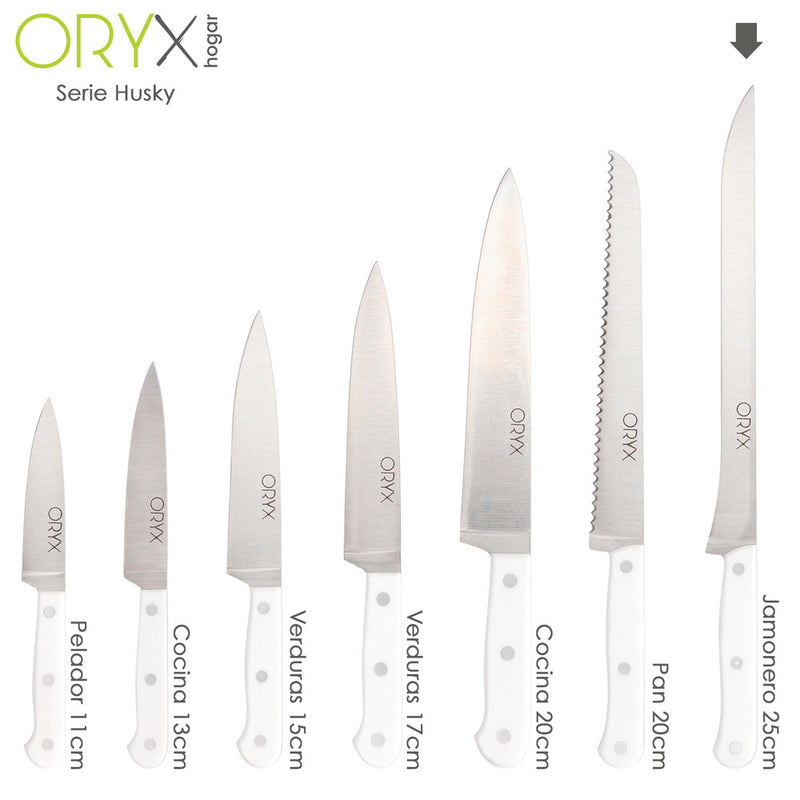 Cuchillo husky jamonero 25 cm. hoja acero inoxidable, cuchillo jamon, cuchillo cortar jamon mango ergonomico blanco