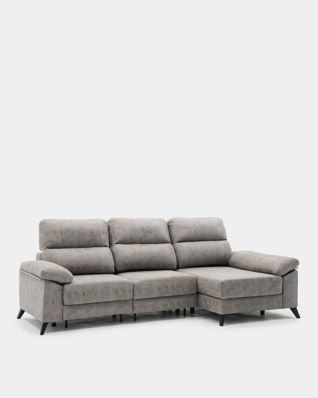 Sofá chaise longue cinzento de 3 lugares, 280 cm, com mecanismo extensível.