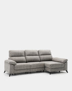 Sofá chaise longue cinzento de 3 lugares, 280 cm, com mecanismo extensível.