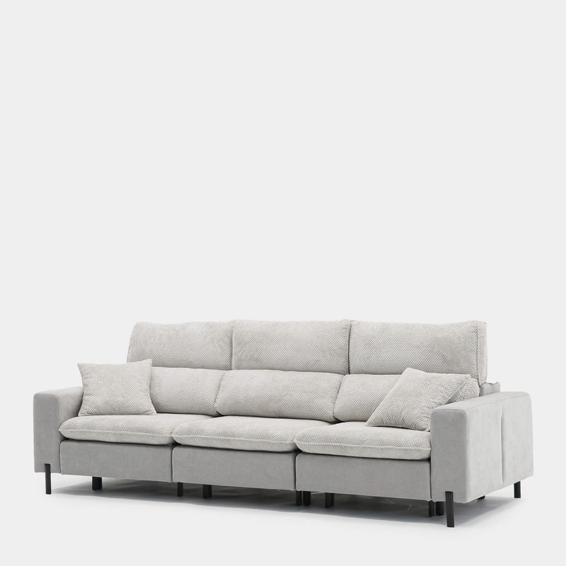 Sofá de tres plazas gris bicolor con texturas suaves