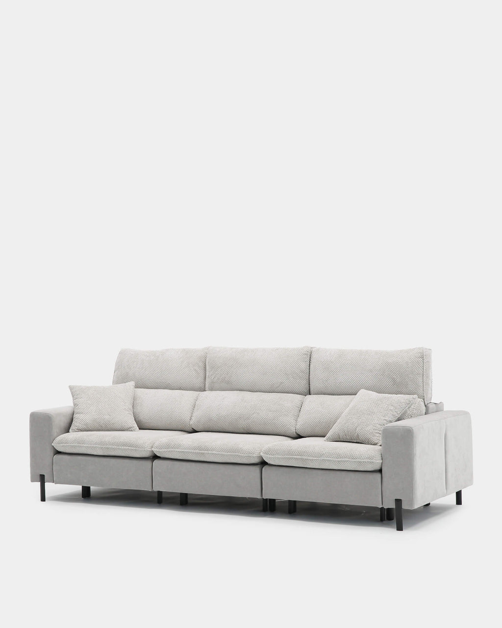 Sofá de tres plazas gris bicolor con texturas suaves