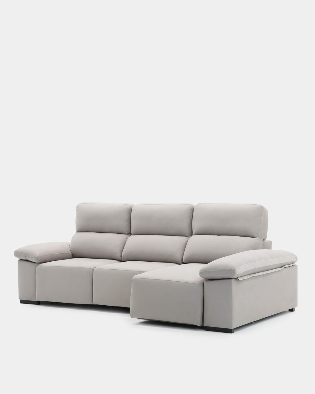 Sofá chaise longue cinzento de 3 lugares com design envolvente para sala de estar