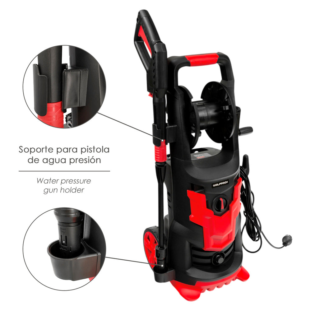 Hidrolimpiadora alta presión 180 bares 2.400 watt. Con accesorios 390 litros / hora. Limpiadora de agua con deposito detergente