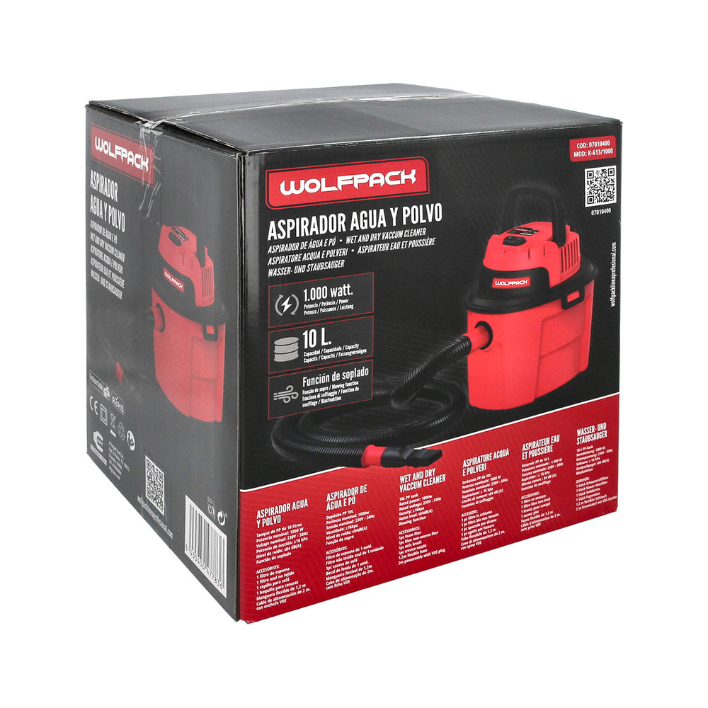 Aspirador soplador plástico agua y polvo 10 litros / 1000 watt.